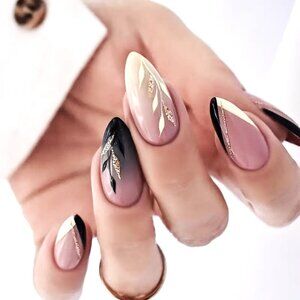 Nails Black Gold Glitter Leaf Press On 24 Stylish Tremdy French Glam Reusable